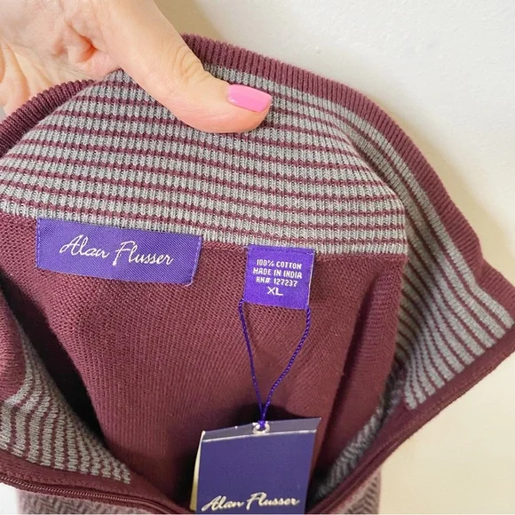 NWT Alan Flusser Quarter Zip Herringbone Knit Sweater Burgundy XL - Picture 9 of 11